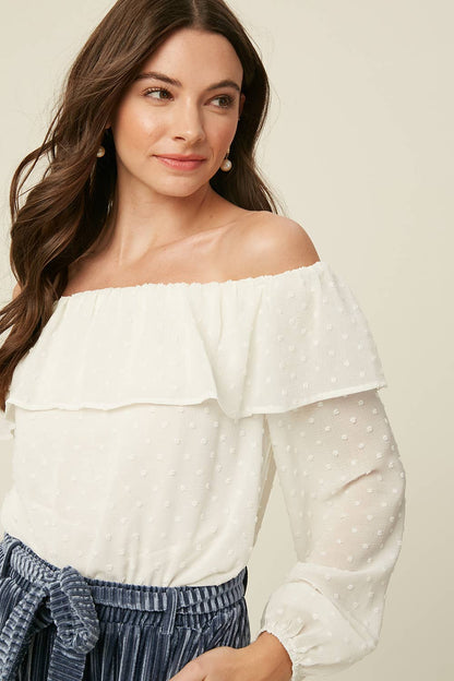 Prairie Moon Swiss Dot Off-Shoulder Blouse – Cream