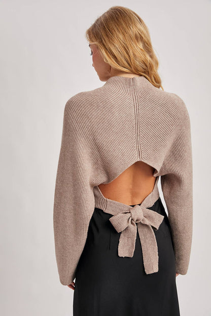 Mock Neck Open Back Bow Sweater
