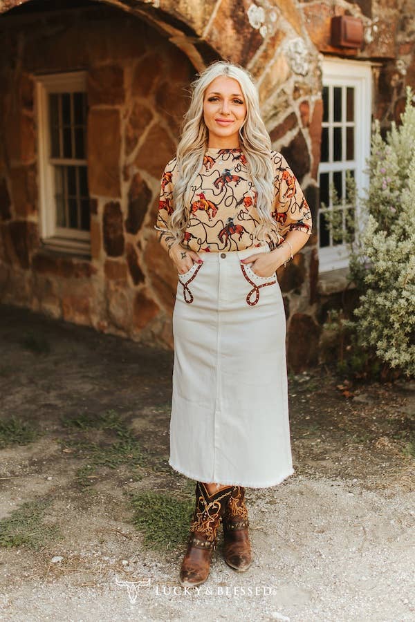 Saddle Stud White Denim Midi Skirt