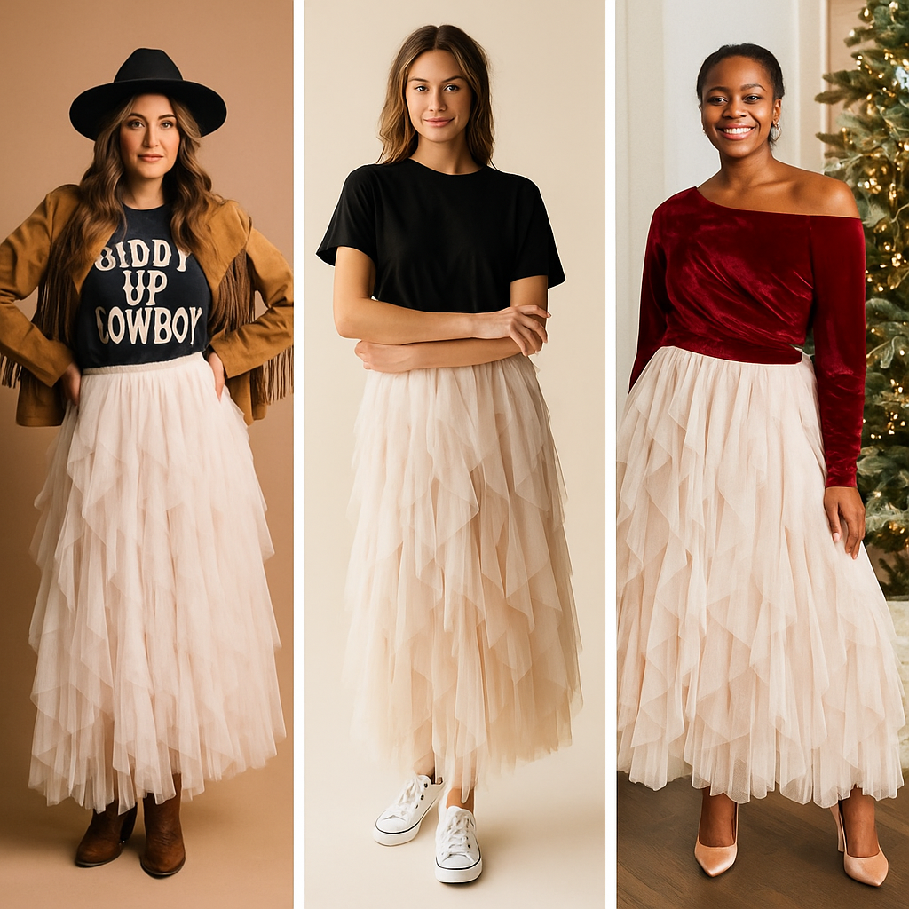Cream Cascading Tulle Mesh Layered Maxi Skirt