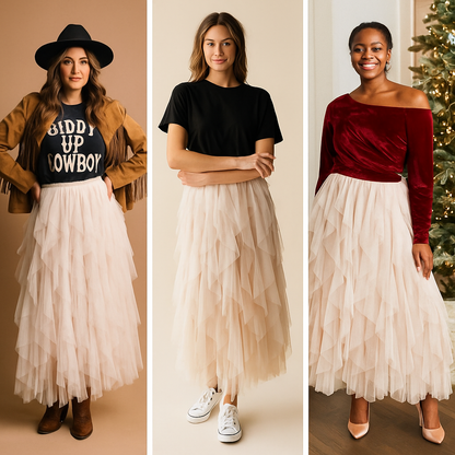 Cream Cascading Tulle Mesh Layered Maxi Skirt