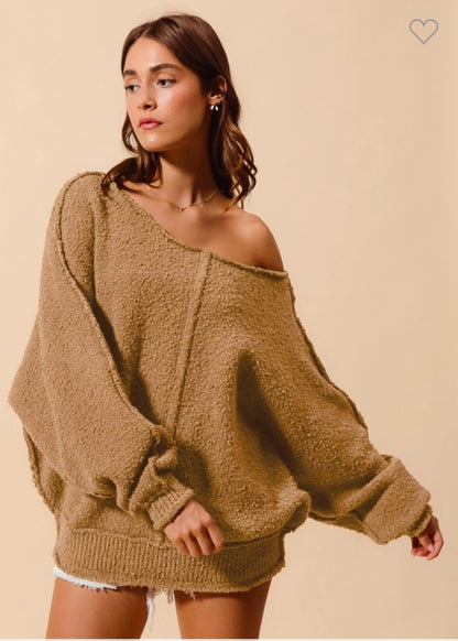 Loose Fit Exposed Seam Slouchy Sweater In Olive and Taupe