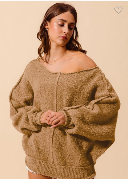 Loose Fit Exposed Seam Slouchy Sweater In Olive and Taupe