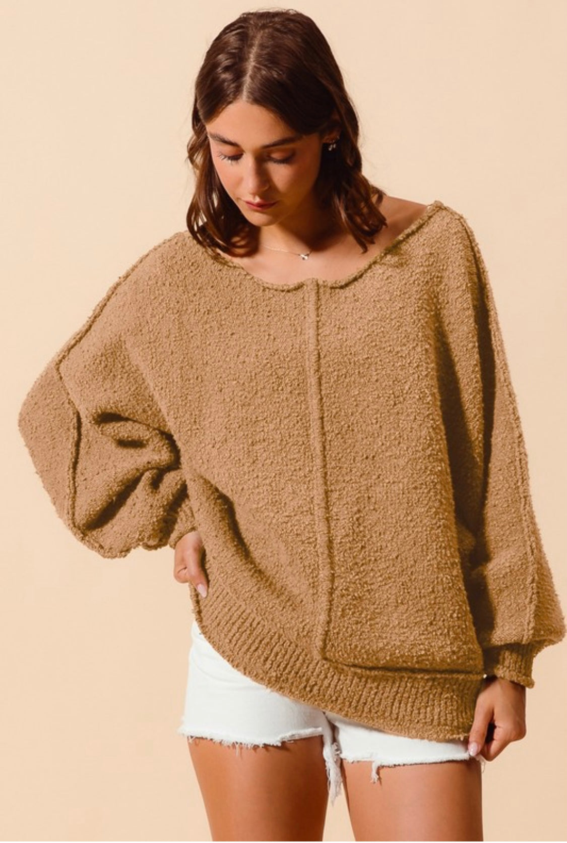 Loose Fit Exposed Seam Slouchy Sweater In Olive and Taupe