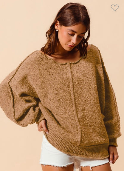 Loose Fit Exposed Seam Slouchy Sweater In Olive and Taupe