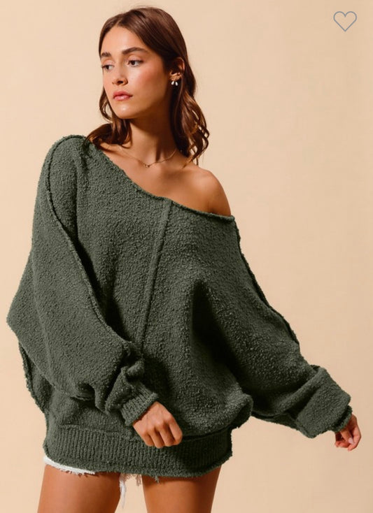 Loose Fit Exposed Seam Slouchy Sweater In Olive and Taupe