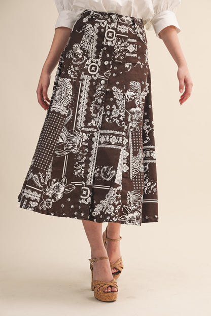 Paisley Denim Button-Down Midi Skirt