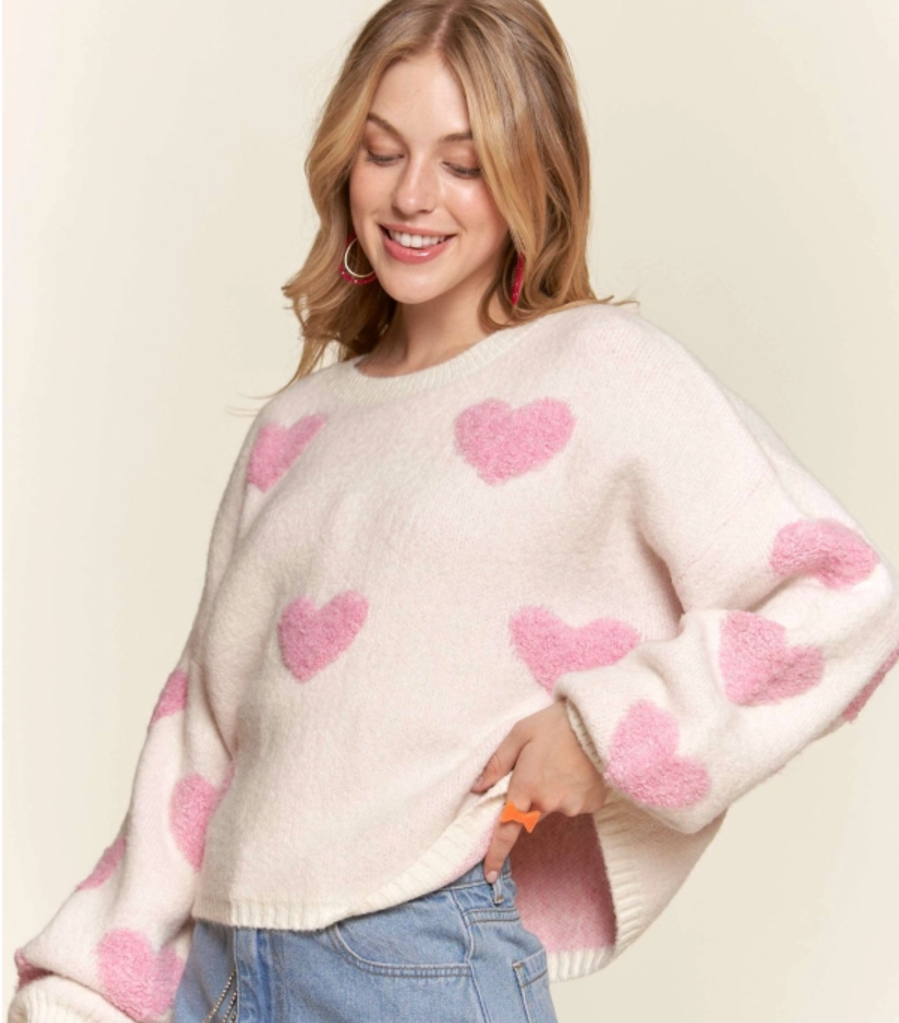 Ivory Knit Sweater with Candy Pink Hearts