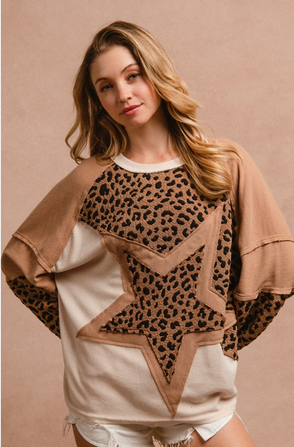 Star Patched Thermal Knit with Leapord Print in Camel