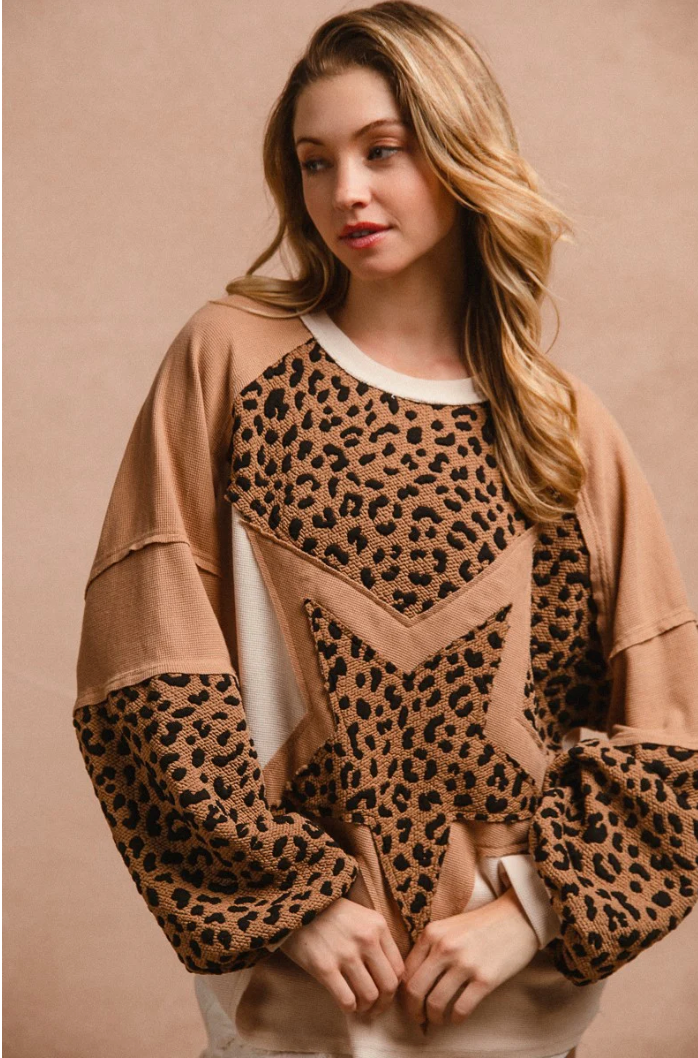 Star Patched Thermal Knit with Leapord Print in Camel