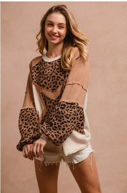 Star Patched Thermal Knit with Leapord Print in Camel