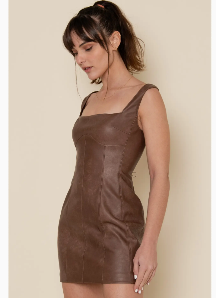 Whiskey Run Brown Faux Leater Mini Dress