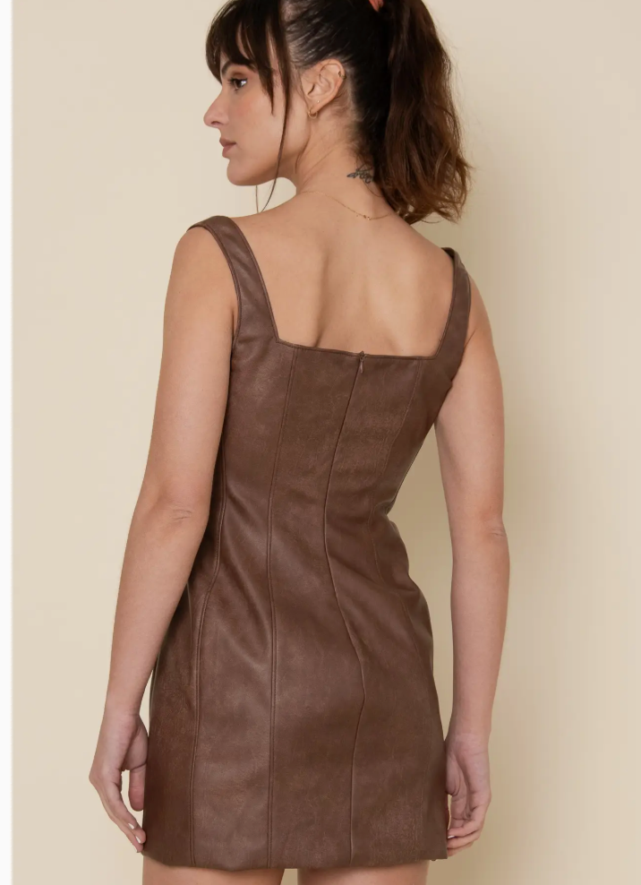 Whiskey Run Brown Faux Leater Mini Dress