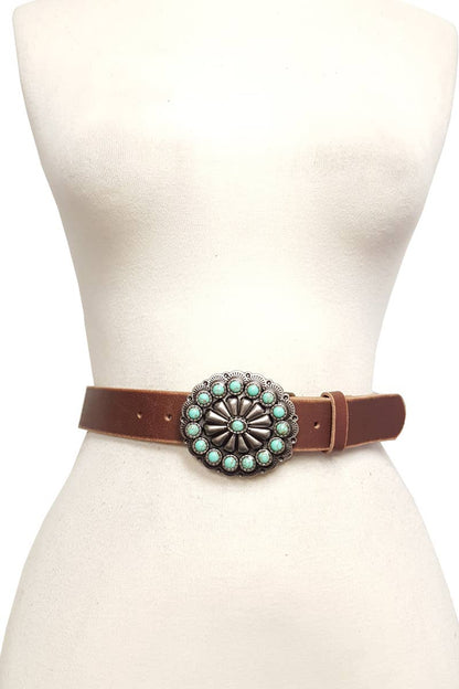 Western Bloom Stone Buckle Genuine Leather Belt