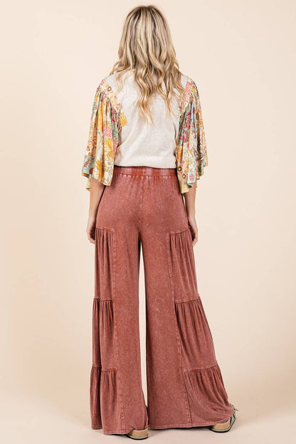 MINERAL WASH TIERED WIDE LEG  PANTS -  SIENNA