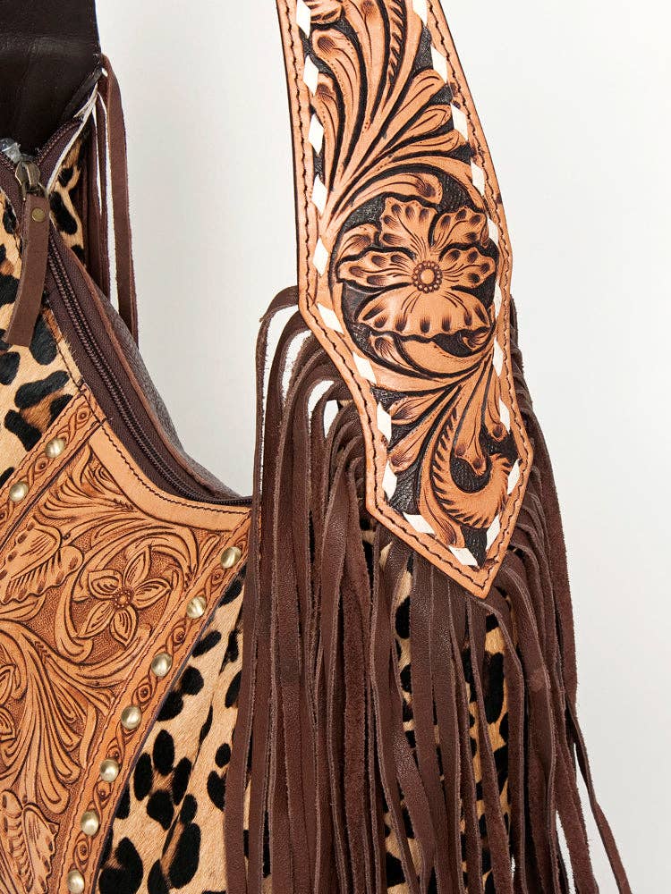 Wild Tooled Leather & Leopard Fringe Hobo Bag