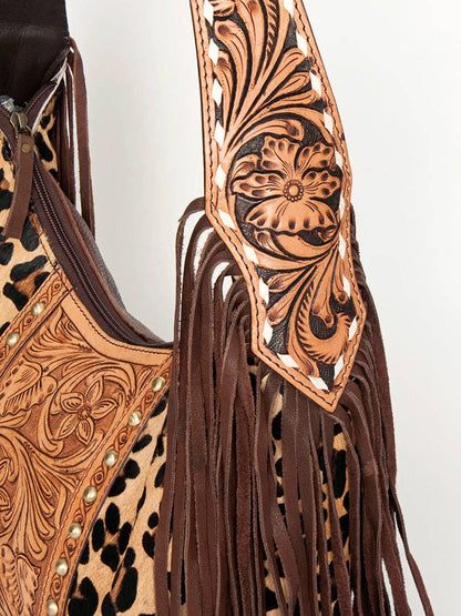 Wild Tooled Leather & Leopard Fringe Hobo Bag