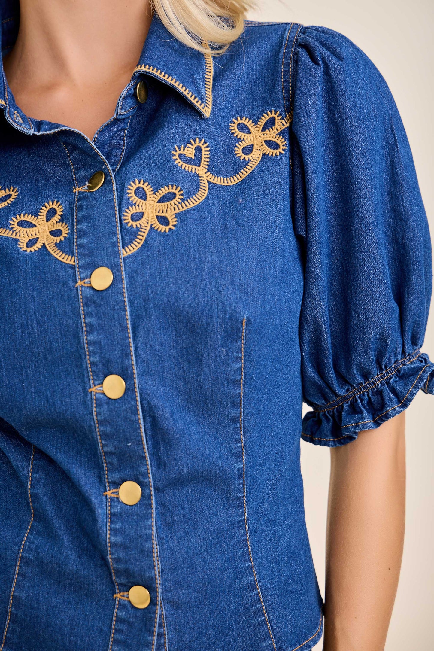 Golden Prairie Embroidered Denim Blouse
