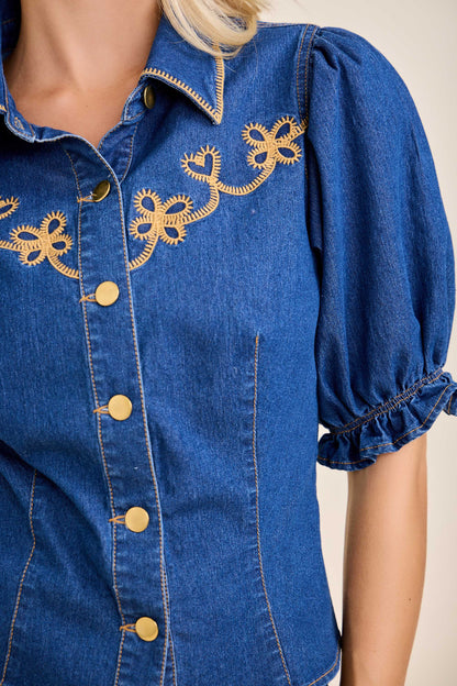 Golden Prairie Embroidered Denim Blouse