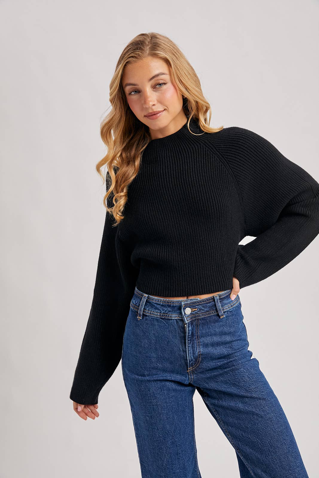 Mock Neck Open Back Bow Sweater