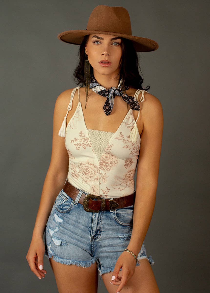 Crochet Lace Trim  Bodysuit in Cream Floral