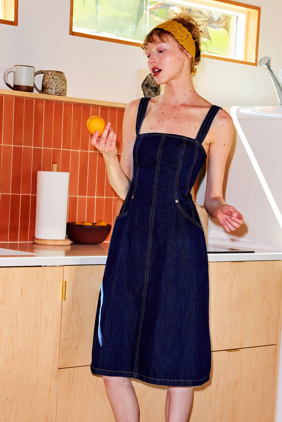 Smocking Back Denim Overall Midi Dress