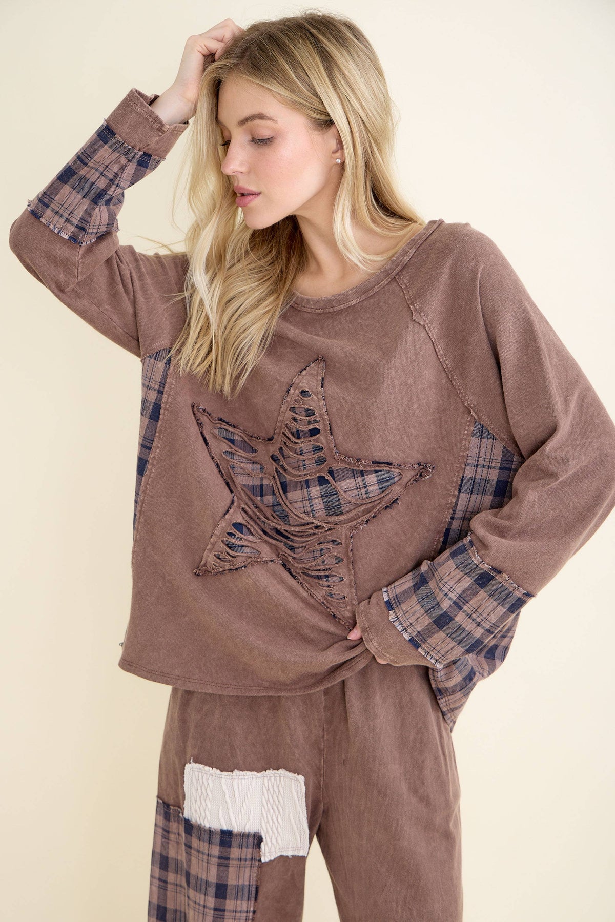 Distressed Star Patch Plaid Top