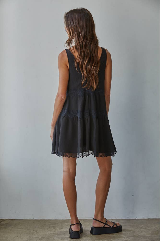 Black Lace Detail Plunged V-Neck Mini Dress