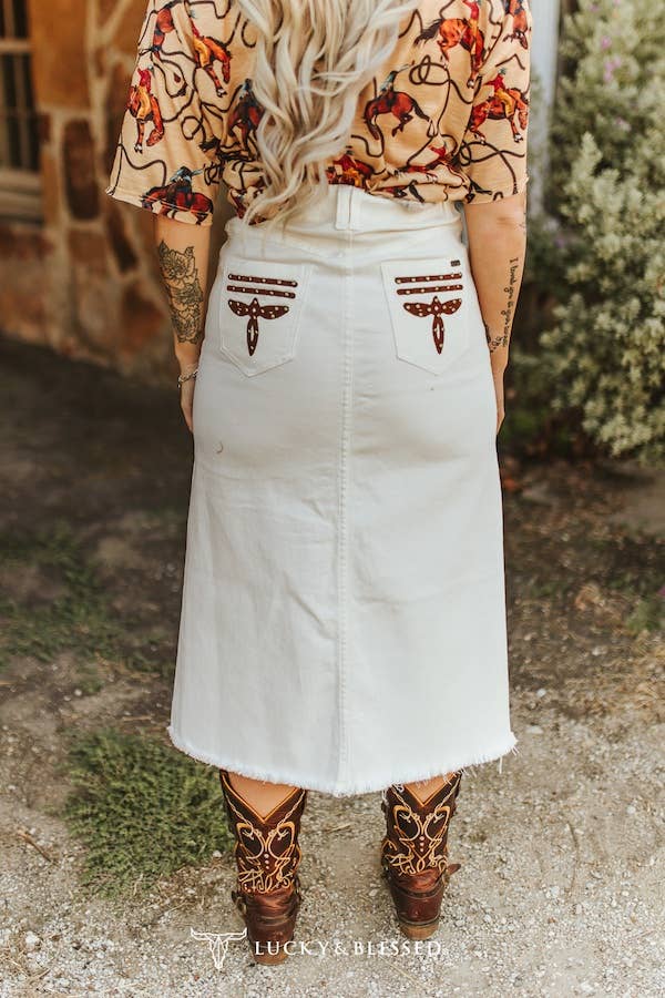Saddle Stud White Denim Midi Skirt