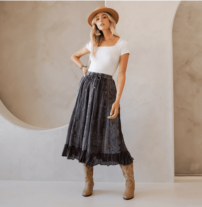Women Patchwork Embroidered Maxi Skirt With Side Pockets