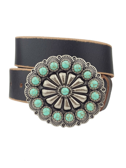 Western Bloom Stone Buckle Genuine Leather Belt