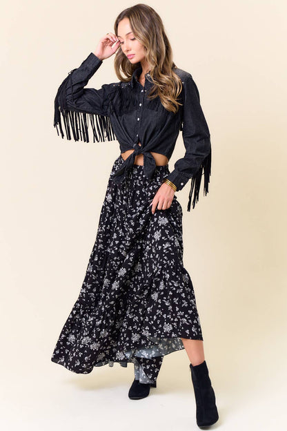 Midnight Outlaw Studded Fringe Denim Tie-Front Shirt