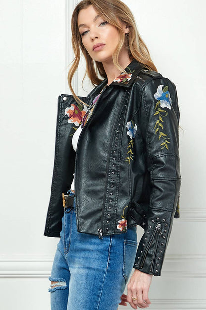 Wildflower Embroidered Vegan Leather Jacket