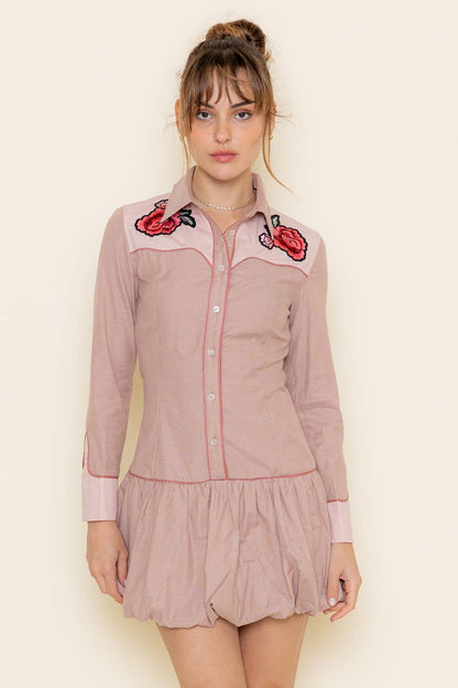 Southwestern Rose Embroidered Shirt Dress - Desert Bloom Charm
