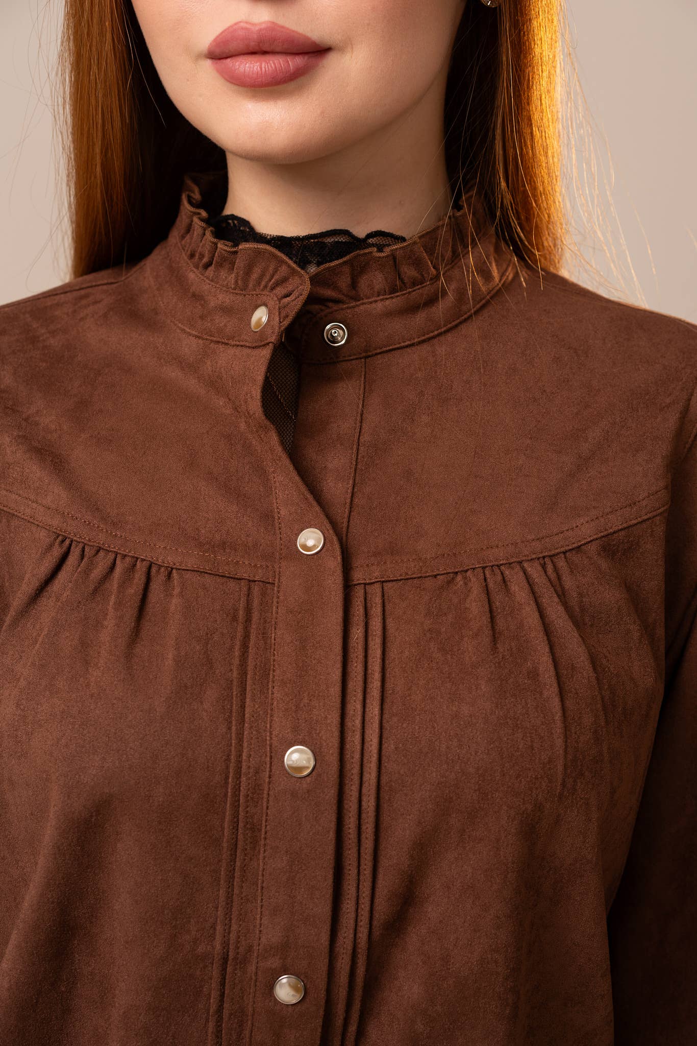 Suede Ruffle Snap Western Blouse