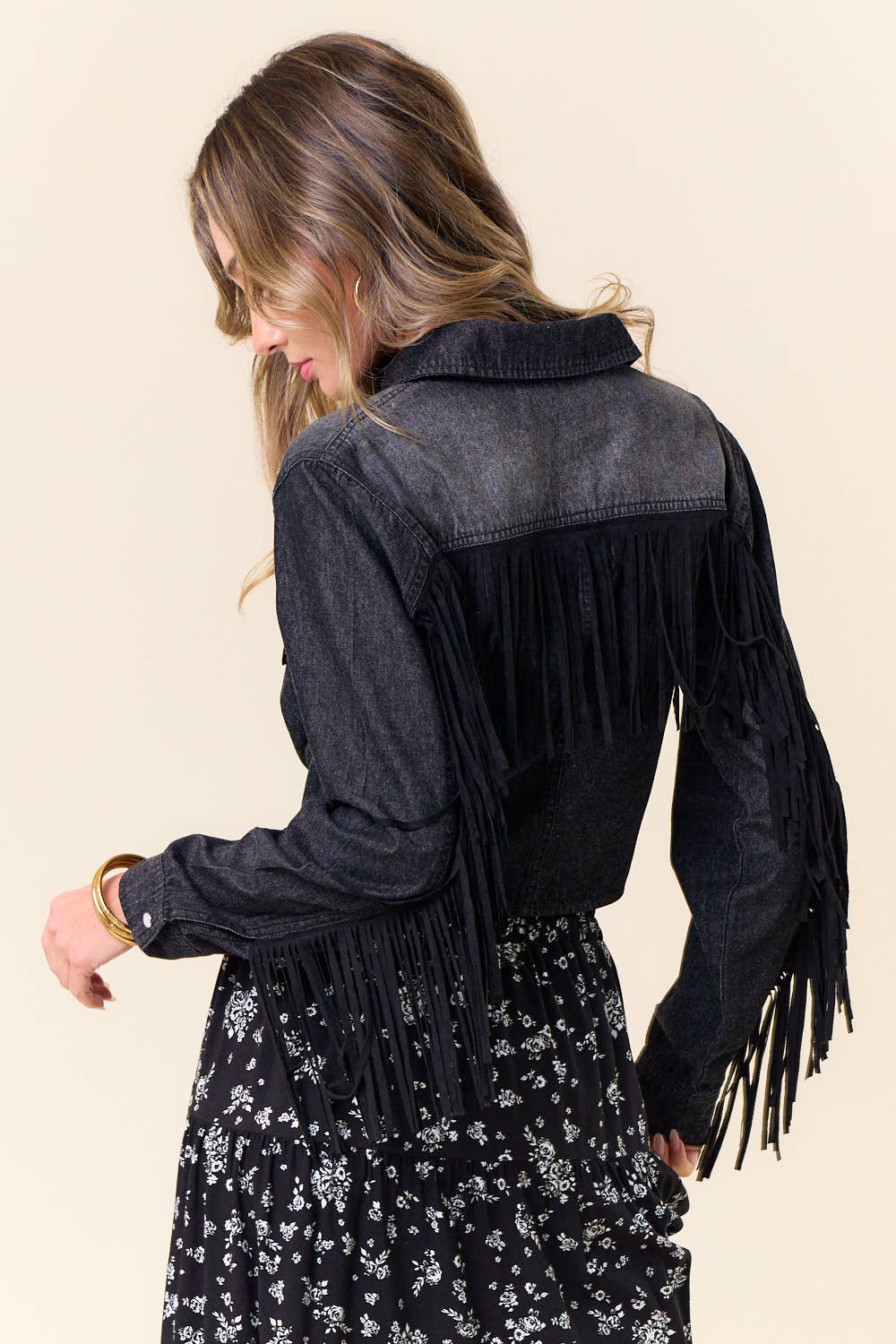 Midnight Outlaw Studded Fringe Denim Tie-Front Shirt