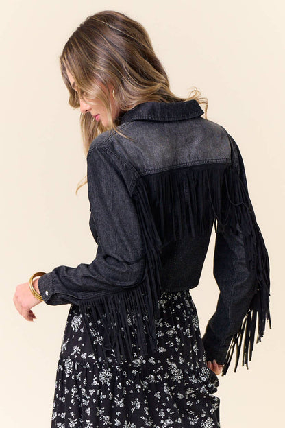 Midnight Outlaw Studded Fringe Denim Tie-Front Shirt
