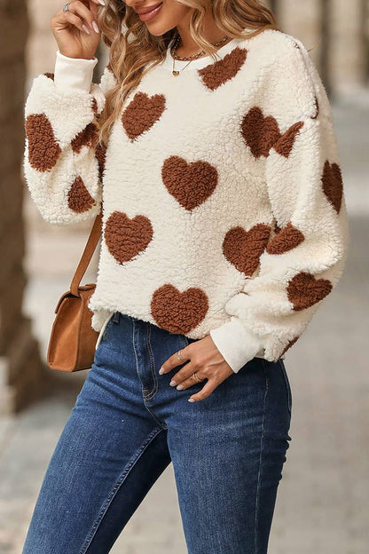 Heart Print Sherpa Pullover Sweater