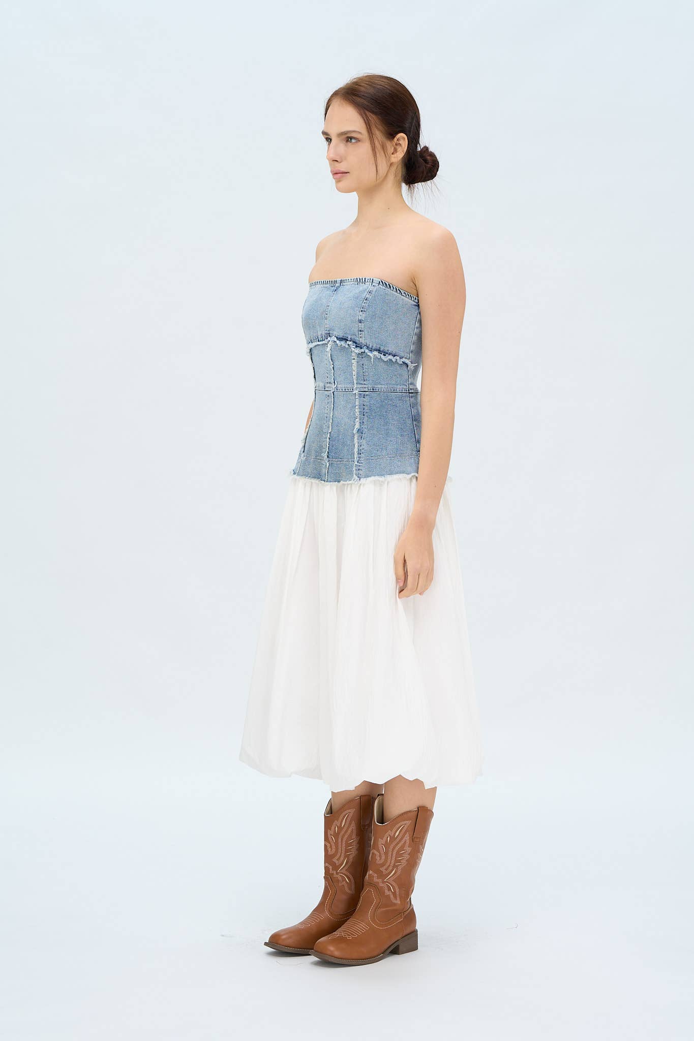 DENIM CORSET SOLID SKIRT MIDI DRESS