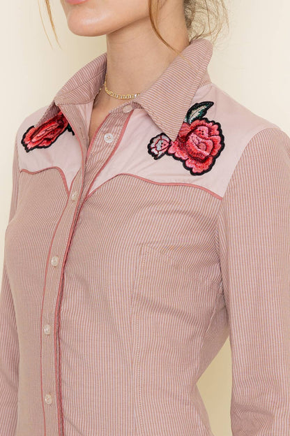 Southwestern Rose Embroidered Shirt Dress - Desert Bloom Charm