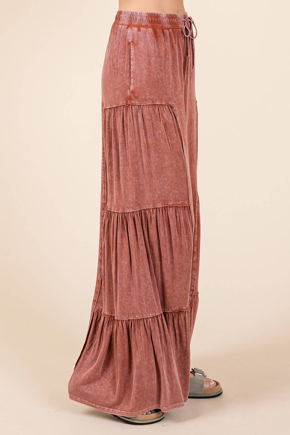 MINERAL WASH TIERED WIDE LEG  PANTS -  SIENNA