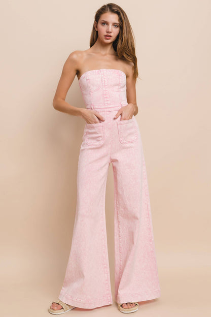Blush Breeze Strapless Boho Denim Jumpsuit