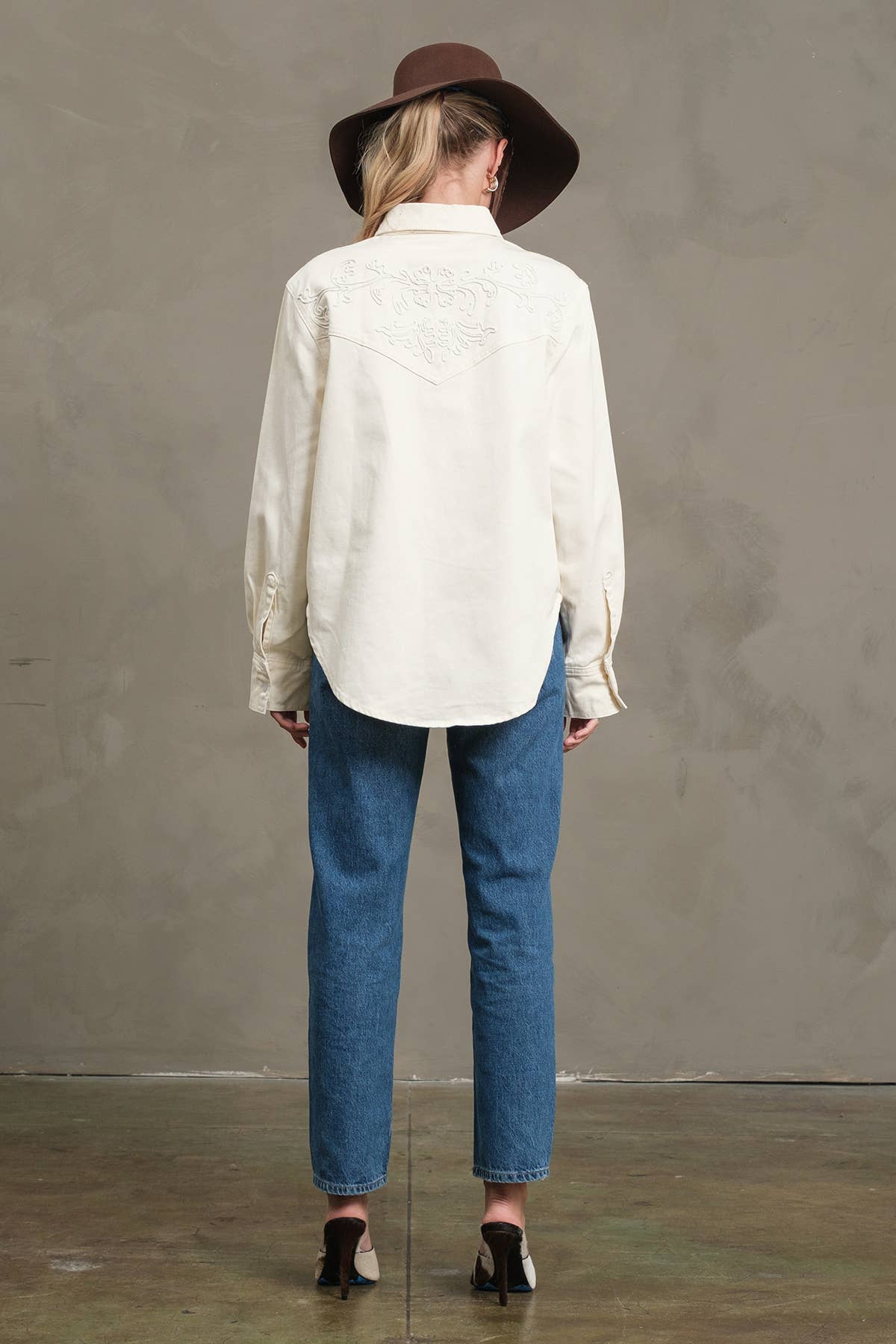 Ivory Embroidered Snap Denim Shirt