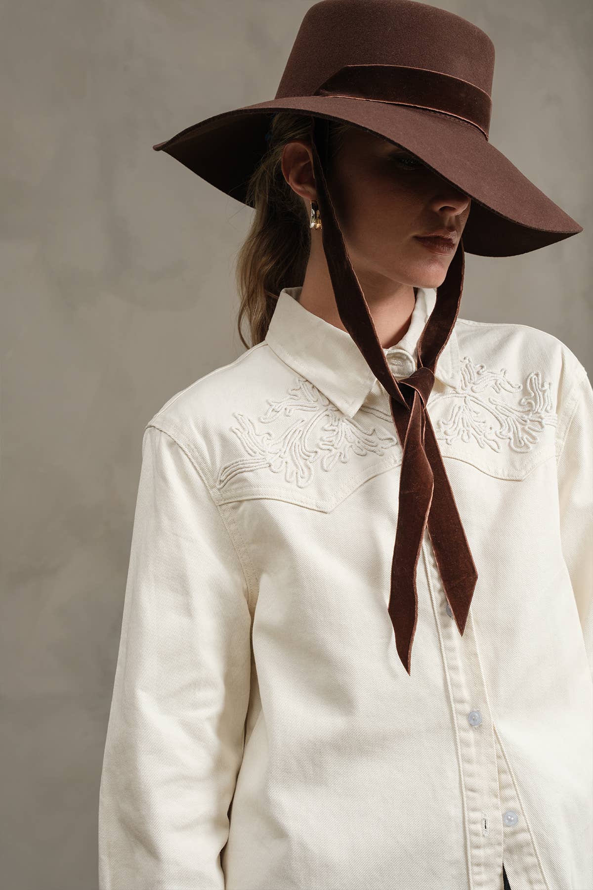 Ivory Embroidered Snap Denim Shirt