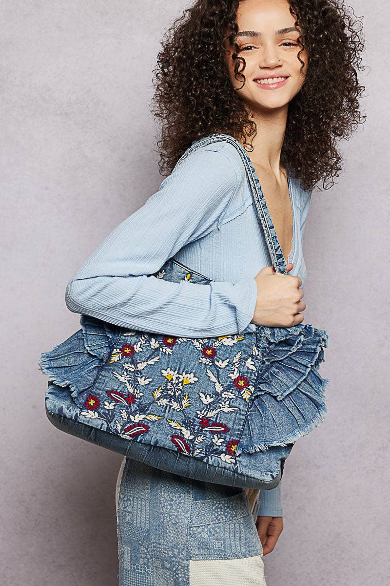 Vintage Wash Embroidered Ruffle Denim Tote