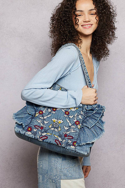 Vintage Wash Embroidered Ruffle Denim Tote