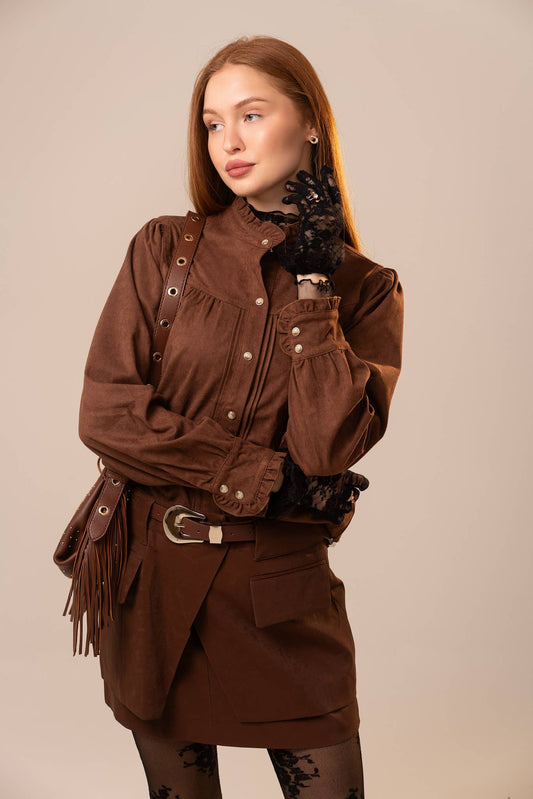Suede Ruffle Snap Western Blouse