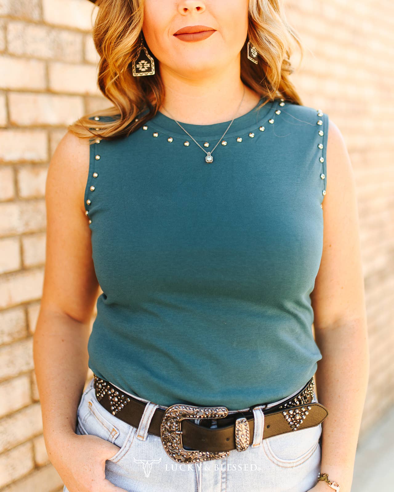Teal Vintage Silver Studded Tank Top