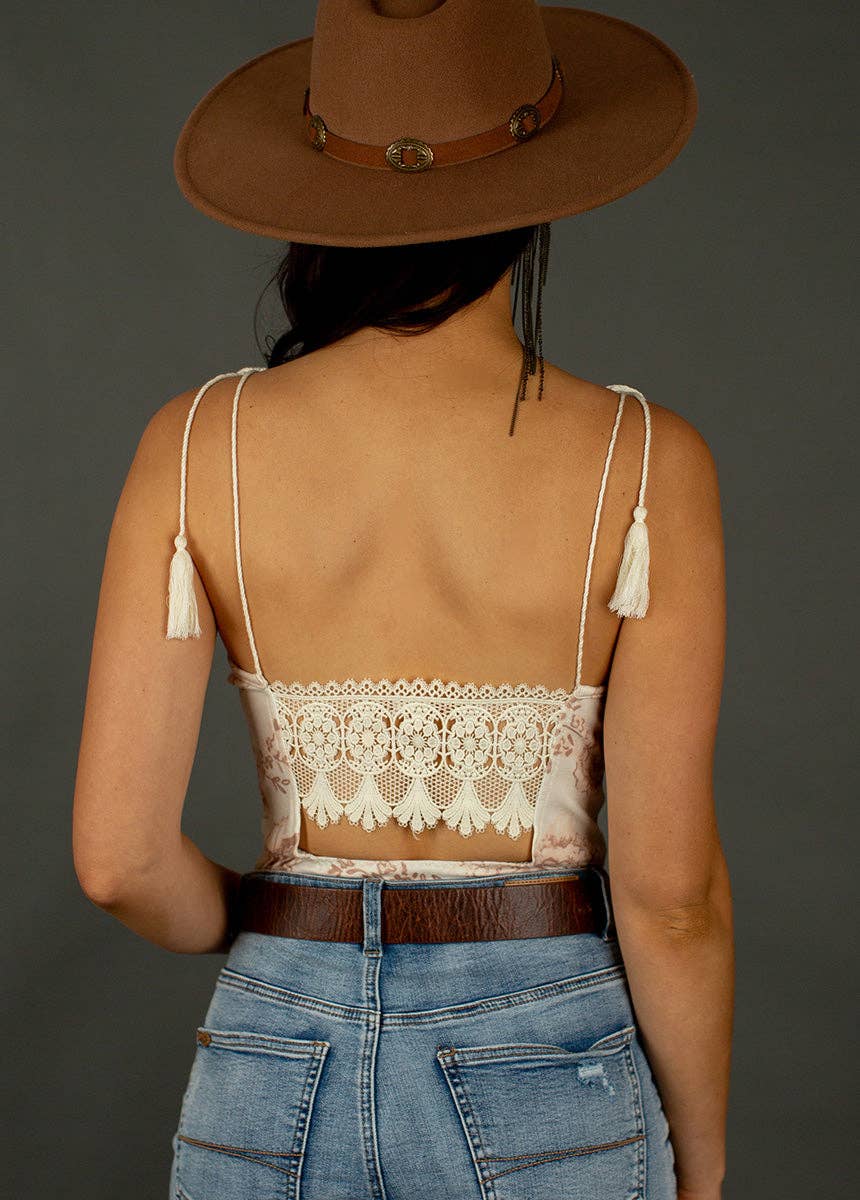 Crochet Lace Trim  Bodysuit in Cream Floral
