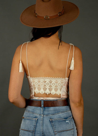 Crochet Lace Trim  Bodysuit in Cream Floral